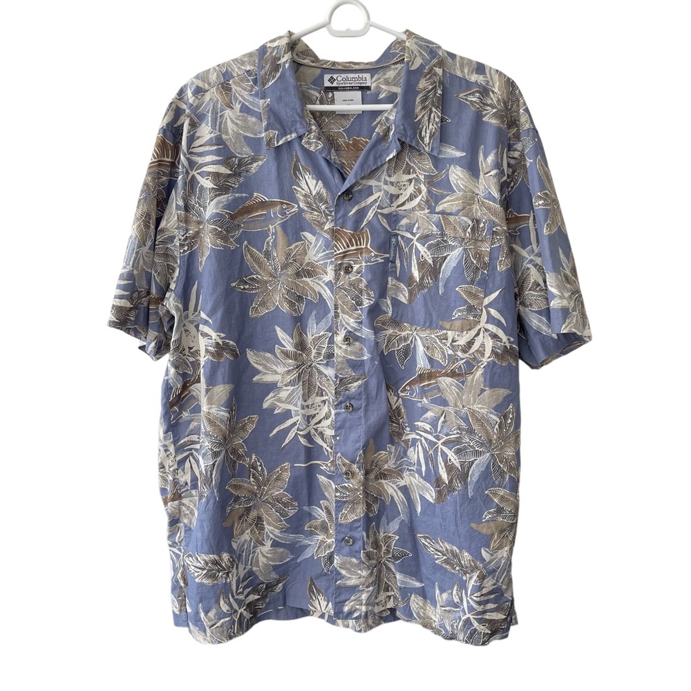 Columbia Shirt Men’s Xl Casual Button down Fish & Floral Tropical print blue/tan